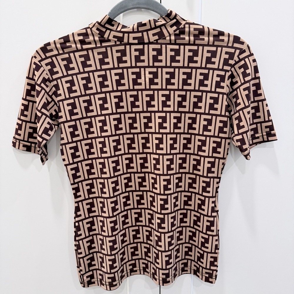 Vintage Fendi Zucca Mock Neck Top Brown Pink Logo Tee Italy XS Cotton 38